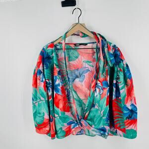 Zara Wrap Poplin Top Floral Print Blue Green Red Cropped 3/4 Sleeve Sz L